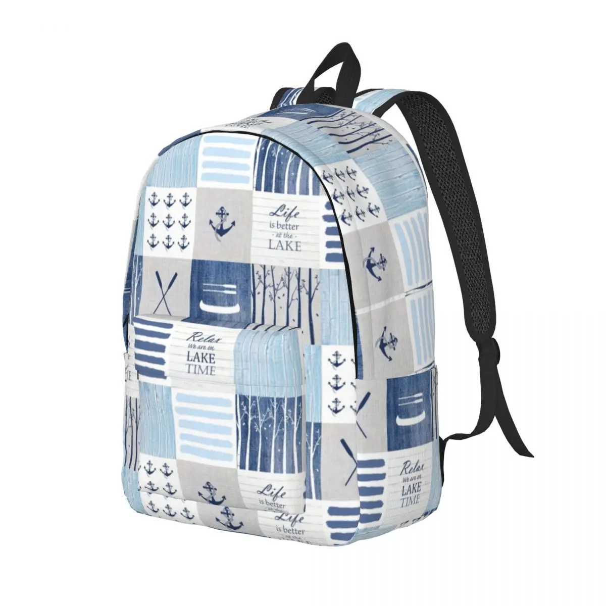 Life Is Better At The Lake Patchwork Anchor Backpack Sports Student Business Nautical Daypack for Men Women Laptop Canvas Bags