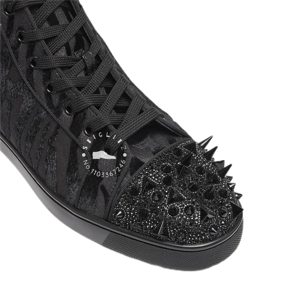 Sparkling Crystal Spikes High-Top Sneaker Animal Print Design Black and Gray Zebra Pattern Lace Up Designer Casual Shoes for Men