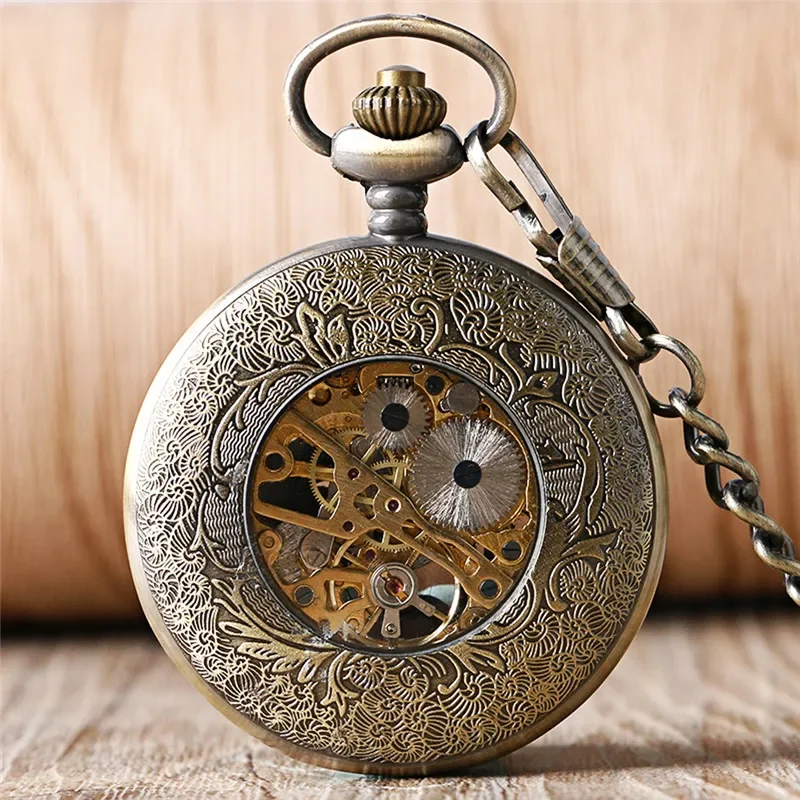 Bronze Hollow Out Dolphin Case Unisex Pocket Watch with Handwinding Mechanical Movement Arabic Numeral Dial Fob Pendant Chain