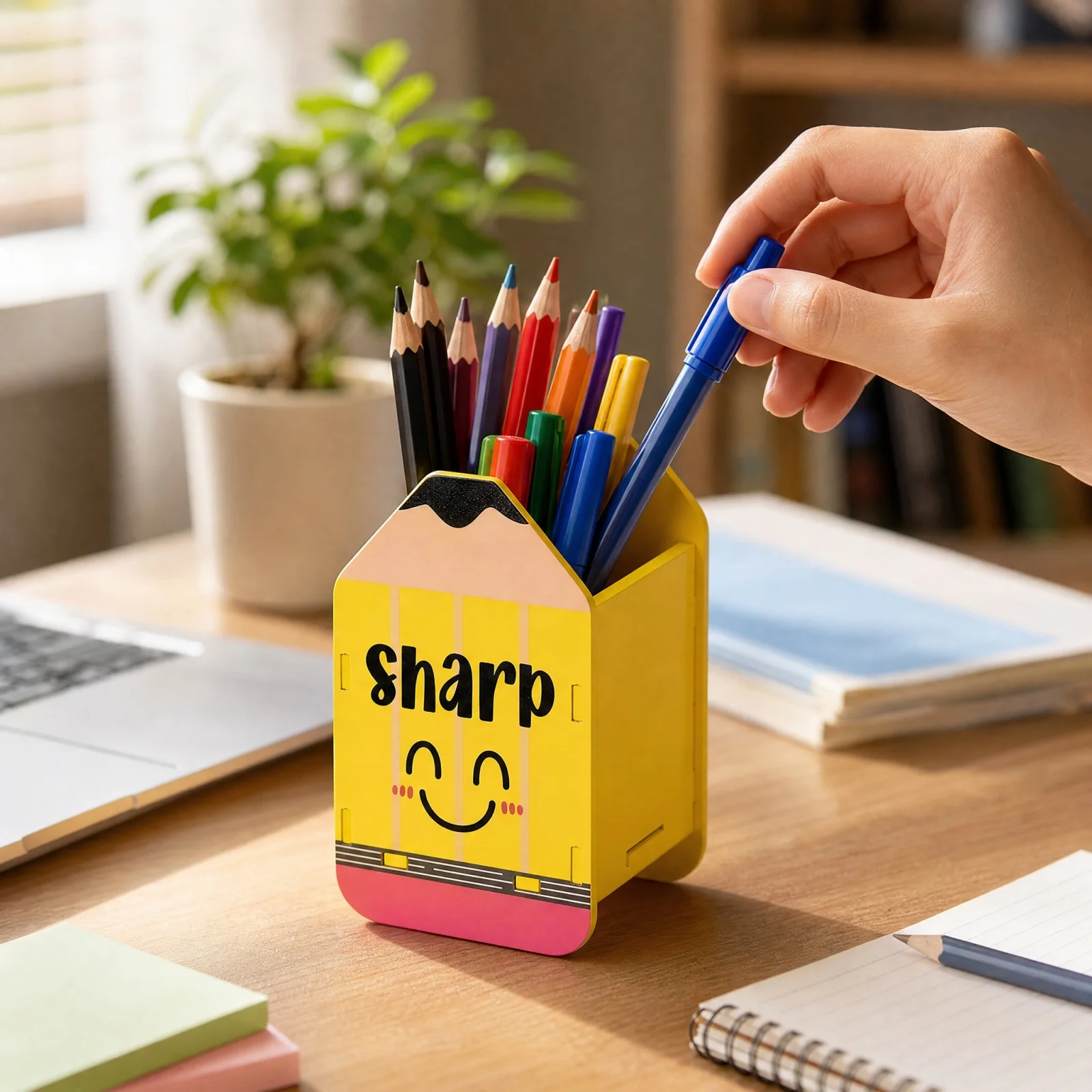 2Pcs Cute INS Style Pencil-Shaped Wooden Pen Holders Large Capacity Multifunctional Storage Organizer (DIY Assembly Required)