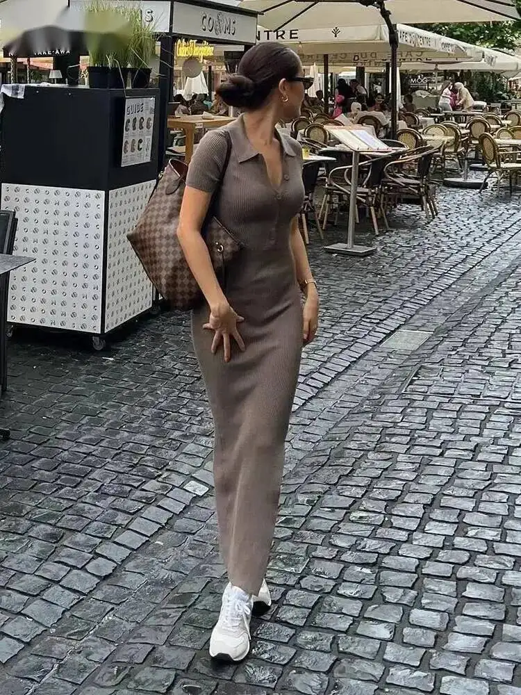 Elegant Office Lady Maxi Jurk Dames Effen Mode Turn-down Kraag Korte Mouw Knop Zijsplit Lichaamsvormende Straat Gewaad RTH1