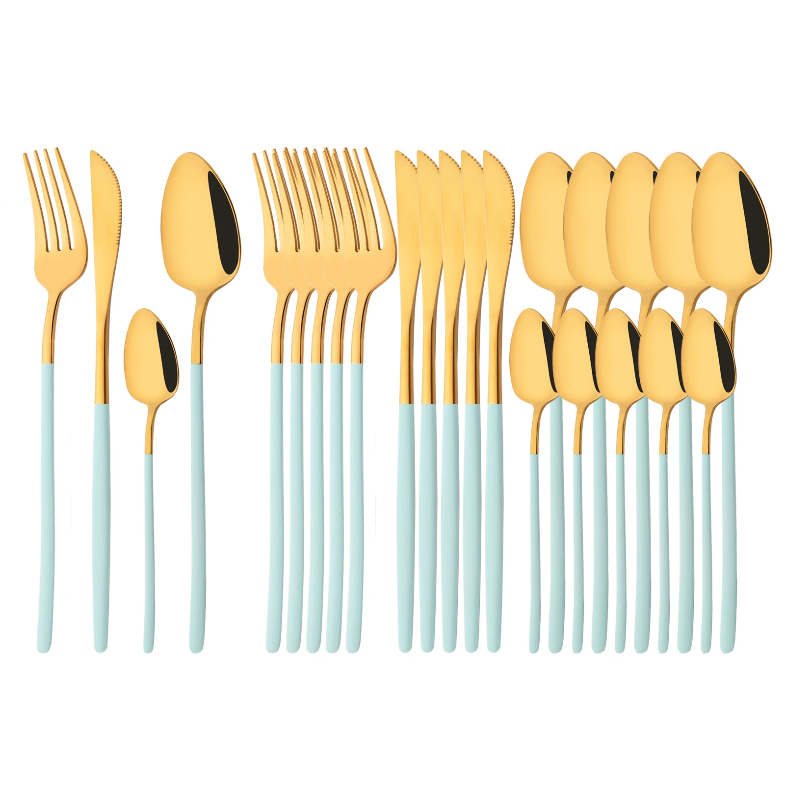 24Pcs Dinnerware Set Stainless Steel Flatware Knife Dessert Fork Tea Spoon Green Gold Tableware Cutlery Set Kitchen Silverware