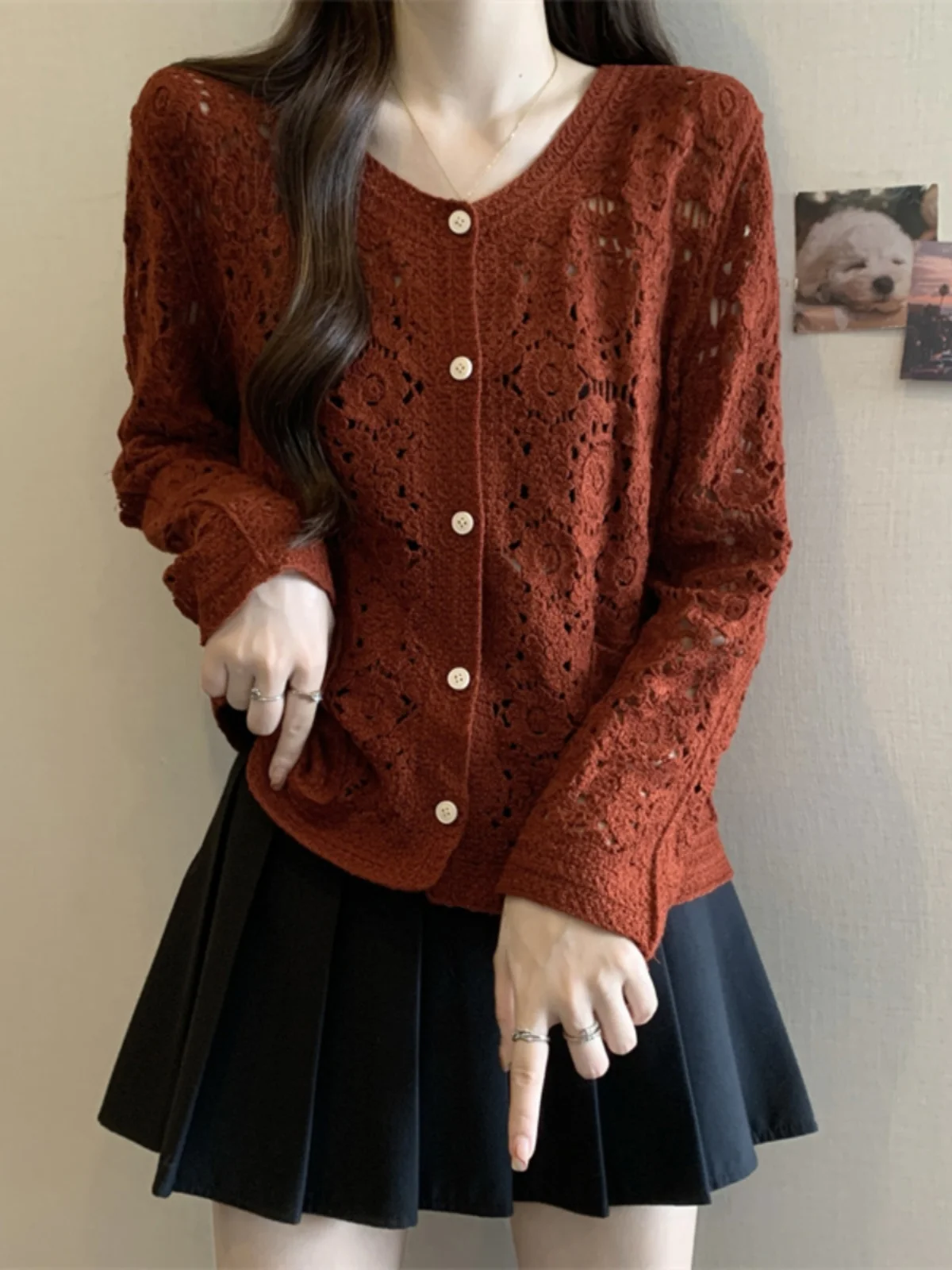 Ankela Red Knitted Hook Flower Hollow out Cardigan Women's Fashion Unique Top Large Size Autumn New Style Korean Loose Fit