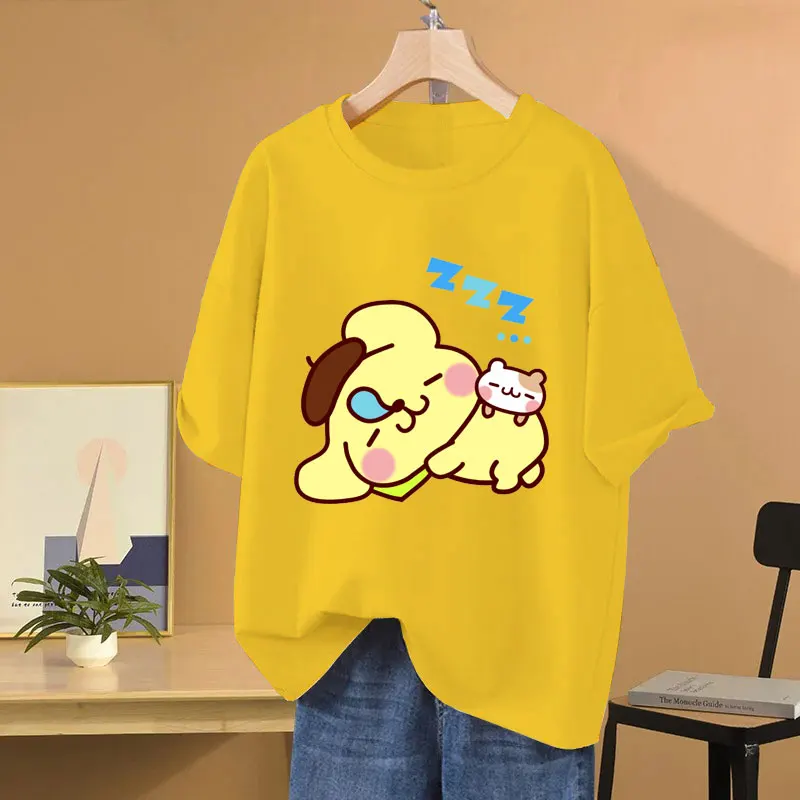 Pompom Purin Yellow Cartoon Anime Women T-shirt Summer Short Sleeve 100% Cotton Men Tee Shirts Tops 2025 Fashion Couple Clothes