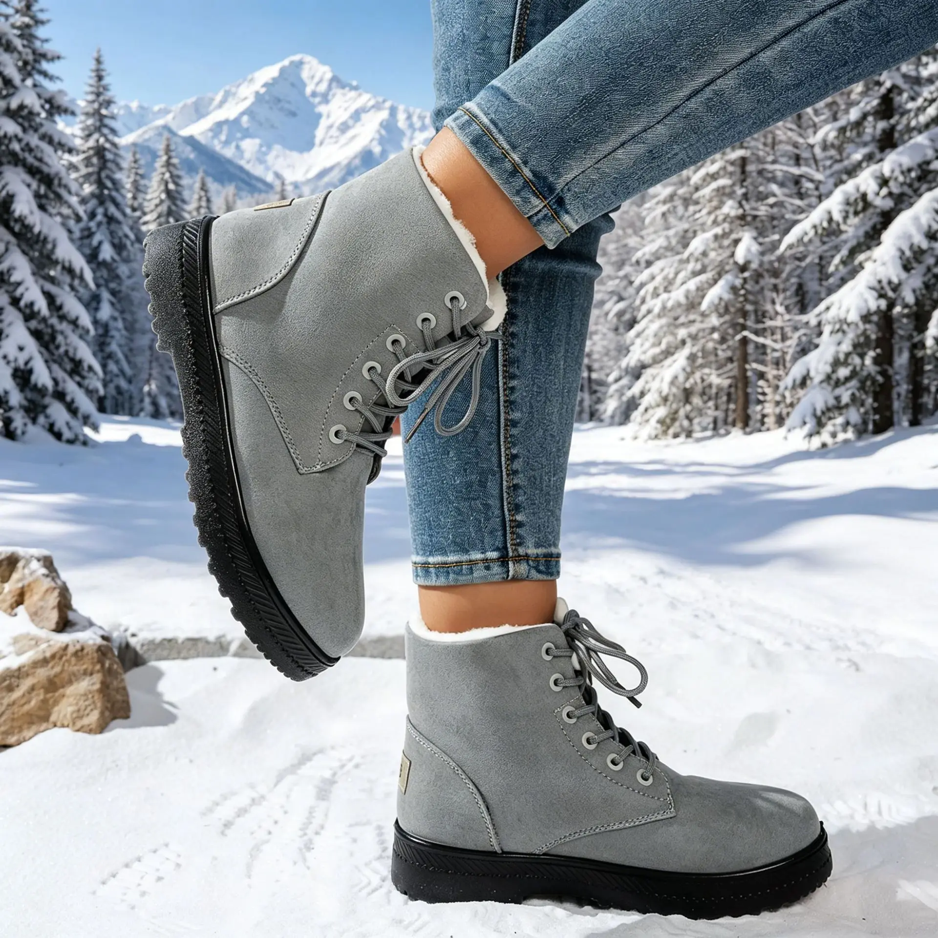 Damen Winter Schnür-Schneestiefel mit Wildleder-Optik, Fleece-Futter, Rutschfeste Dicke Sohle, Warme Knöchelhohe Kampfstiefel – Detail 3