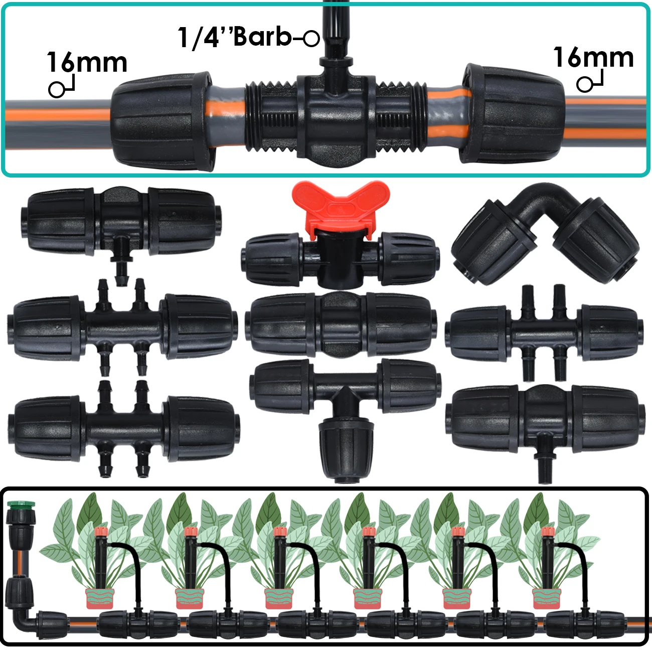 KESLA 5PCS 16mm 1/2'' PE Złącze rurowe Rozdzielacz Trójnik Złączka Gwintowana do węża 4/7mm 3/5mm Nawadnianie ogrodu Nawadnianie kroplowe