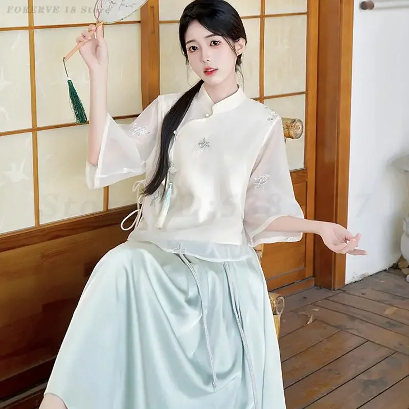 

Весенне-летний костюм Тан в новом китайском стиле, ретро-комплект с вышивкой: топ и юбка, набор Ханьфу, традиционная китайская одежда для женщин