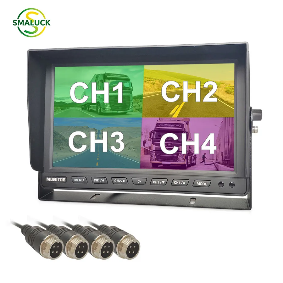 SMALUCK 10.1inch IPS Car Monitor 4CH 4 Split Quad Screen Display Rear View HD Support 1080P 720P AHD CVBS Camera