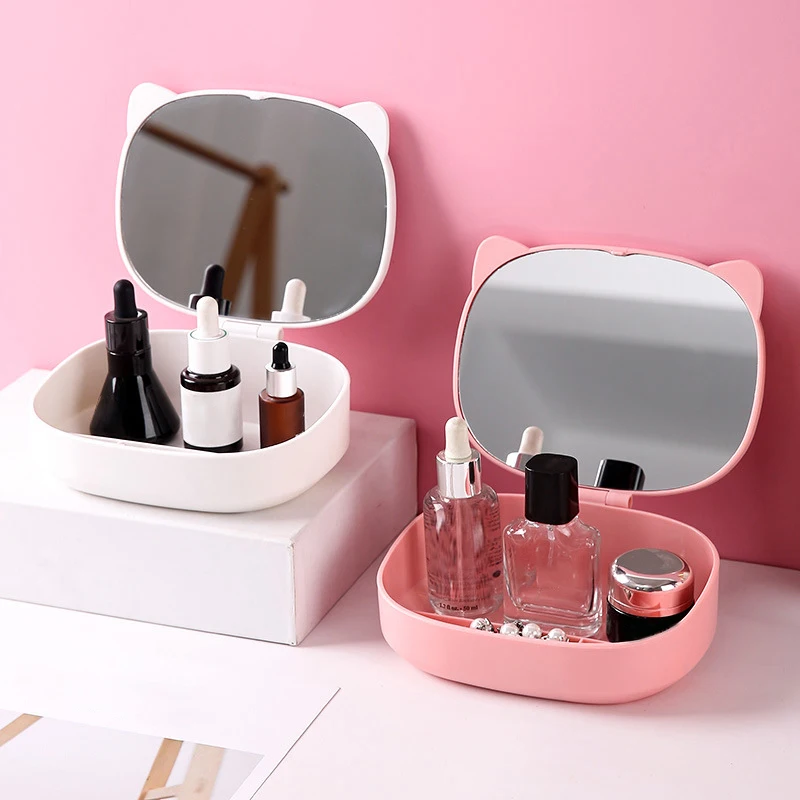 With Storage Box Folding Storage Mirror High Definition Without Dead Corners Cat Ear Makeup Mirror Decoration Direct Color