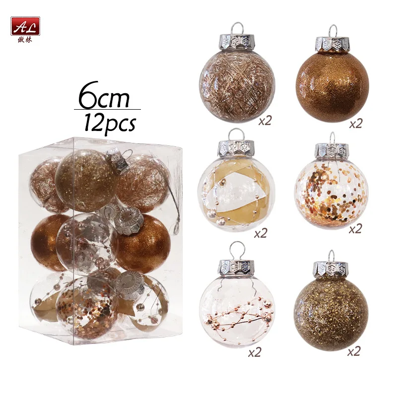 Bola de Navidad de plástico para mascotas, Bola de Color redonda hueca para decoración de árbol de Navidad, colgante, decoración del día de Navidad, 12 unids/set