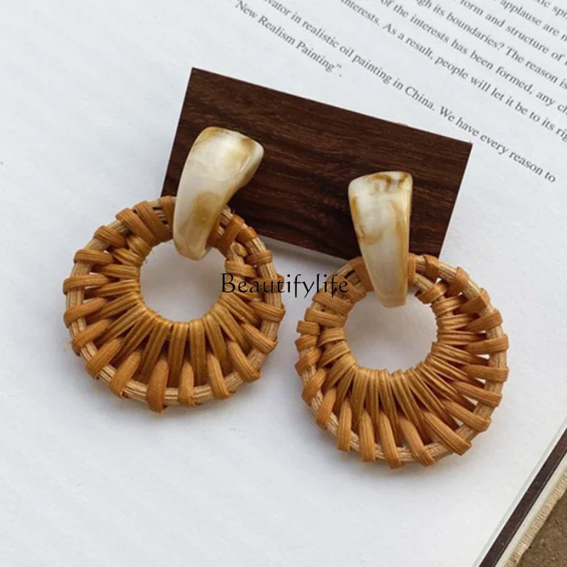 

Summer Vintage Bamboo Rattan Handmade Earrings Holiday Travel Seaside All-Match Acrylic Earrings