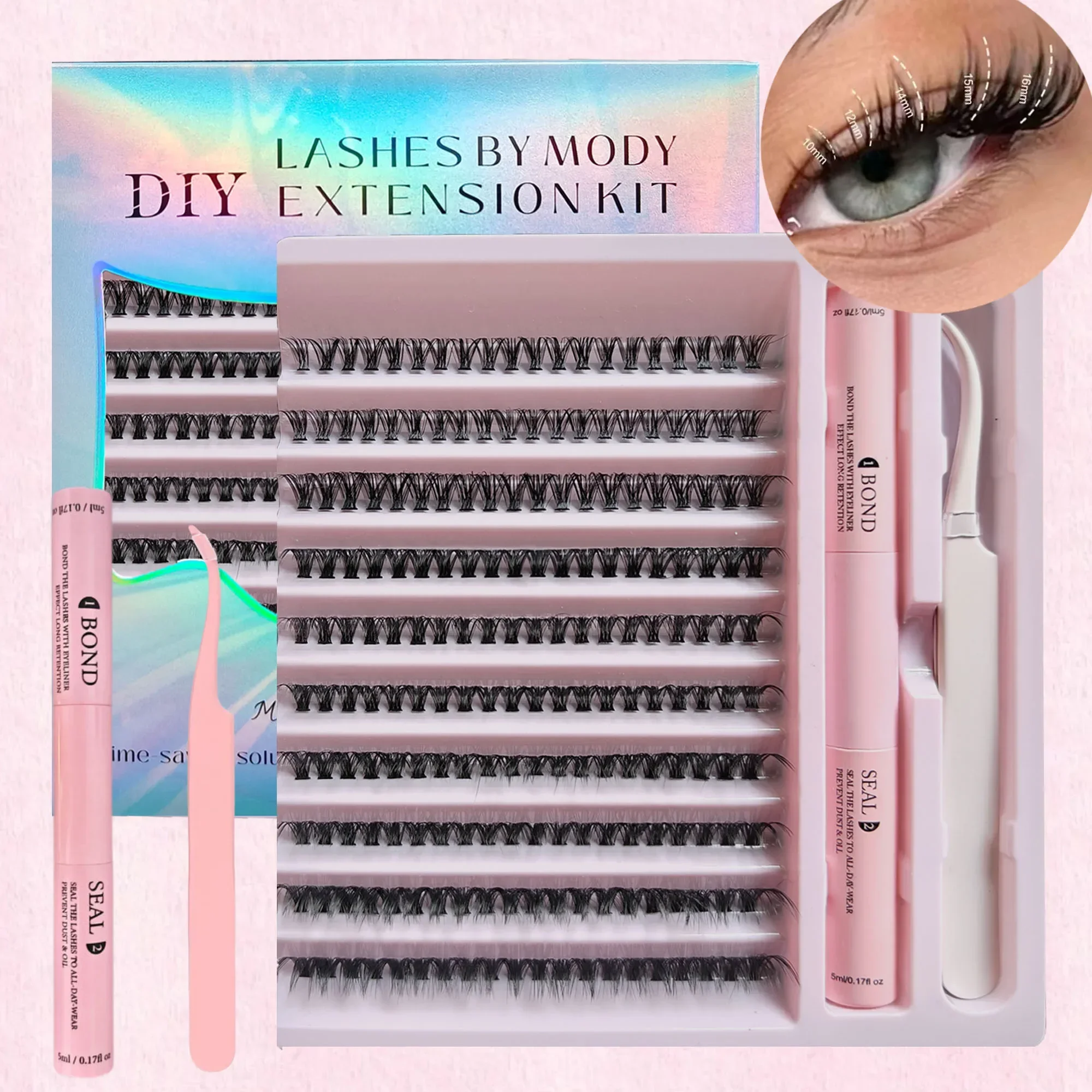 DIY セグメント化つけまつげセット大容量クラスターまつげブック接着剤付き、接着剤の除去、Twezeer、ブラシ、フェスティバルギフト