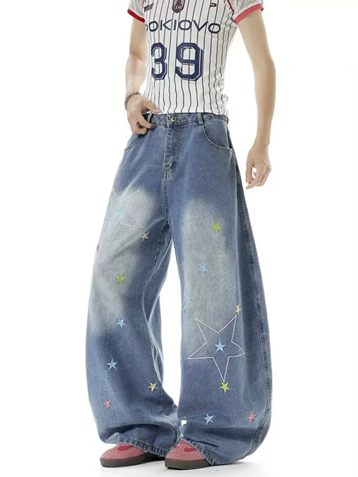 Women Blue Y2k Baggy Embroidery Star Jeans Harajuku Vintage Denim