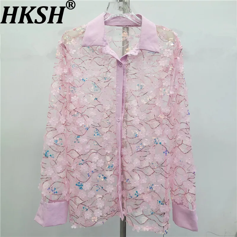 

HKSH Spring Summer New Women Shirt Sequined Long Sleeve Single Breasted Turn-down Collar Sheer Sexy Blouse Sweet Ins Top HK16564