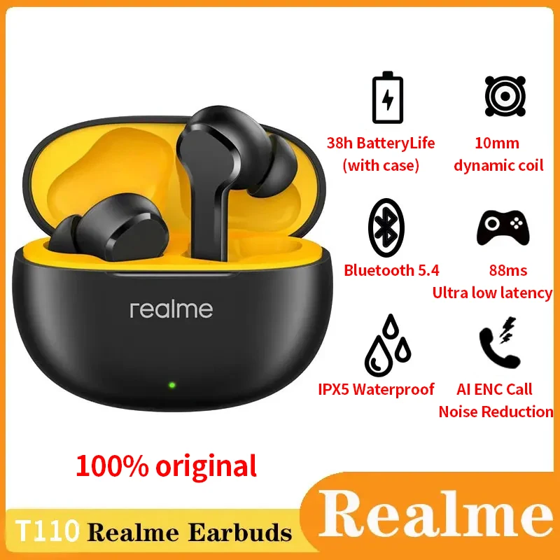 Realme Buds T110 Wireless Bluetooth Earbud AI ENC noise reduction Low Latency Gaming TWS Headset IPX5 Waterproof Sport Headphone