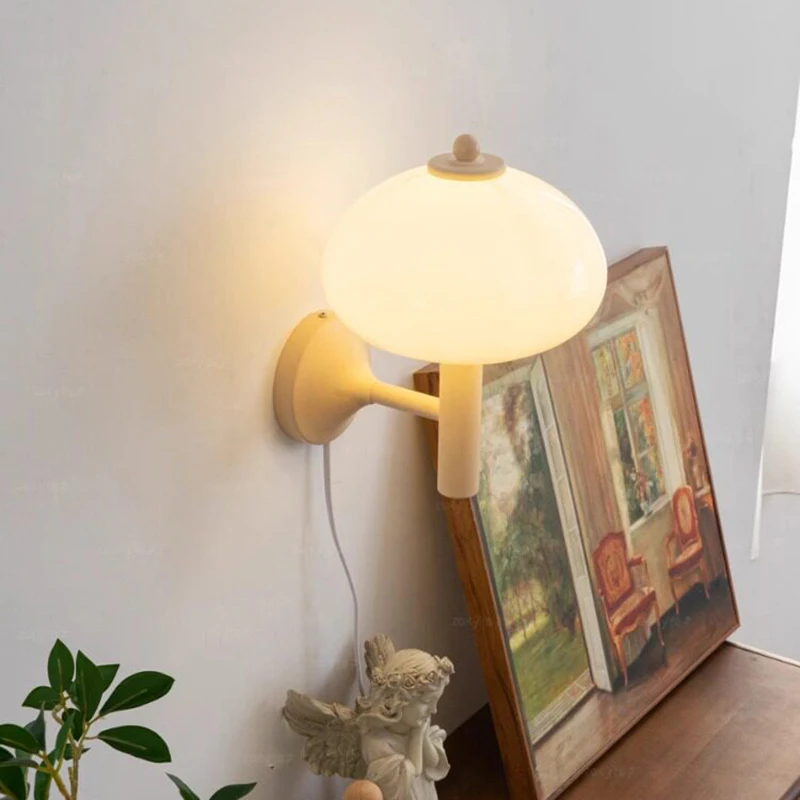 Retro Living Room Bedroom Bedside Wall Light Milky White Glass Sconces Plug Cable Optional Glass Wall Lamp for Stair Hotel Aisle