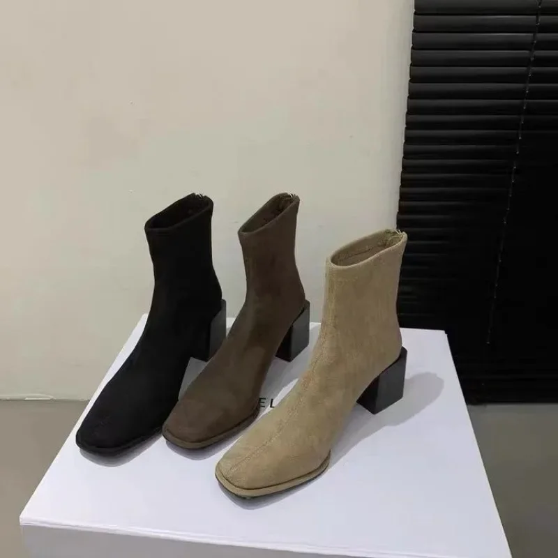 Enkellaarsjes Voor Dames Lente Herfst Grijs Zwart Damesschoenen Chunky Middelhak Suède Korte Botas Vierkante Teen Back Zip Botines