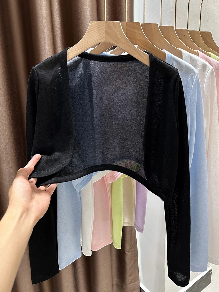 

Легкий дышащий вязаный кардиган из ледяного шелка для женщин, с открытыми плечами, летний, для кондиционированных помещений