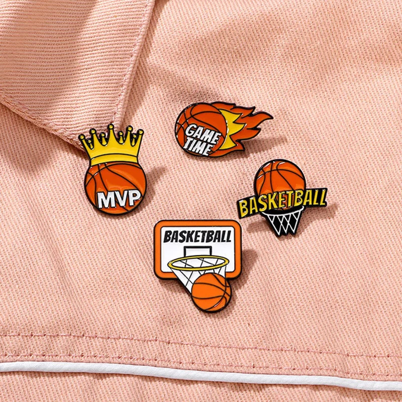 Creative Basketball Enamel Brooch Flame Game Time Mvp Crown Basketball Sport Metal Badge Punk Clothing Lapel Pins Jewelry Gift