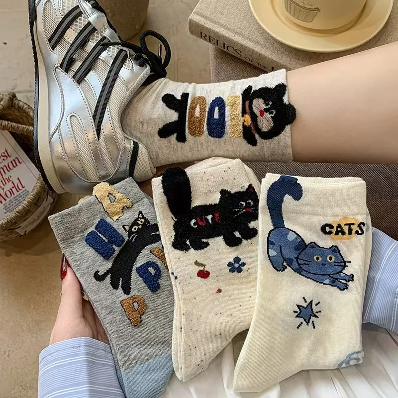 1Pair Cartoon Cat Mid-Calf Socks for Women, Spring/Autumn Style, with Cute Lettering, Ins-Style, Versatile Socks