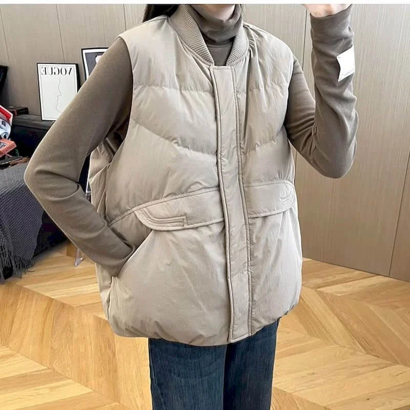 

Женский жилет на утином пуху, Повседневный Кардиган без рукавов с круглым вырезом, винтажные модные куртки в Корейском стиле, свободные женские топы