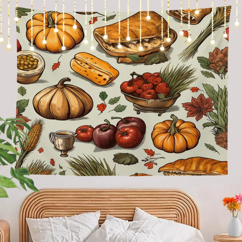 Happy Thanksgiving Wall Tapestry Pastry Vegetable Pumpkin Pattern Design Dormitory Bedroom Living Room Decoration