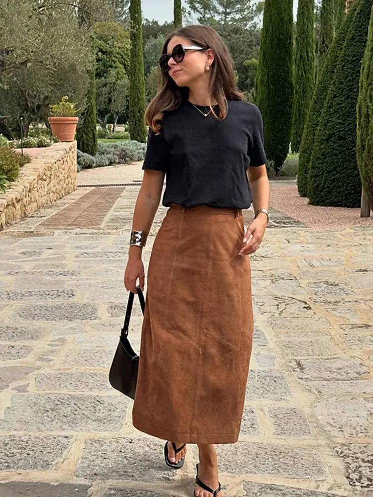 

Vintage Brown Suede Leather Skirt For Women Fashion High Waist Slim A-line Skirts Autumn New Lady Office All-match Streetwear