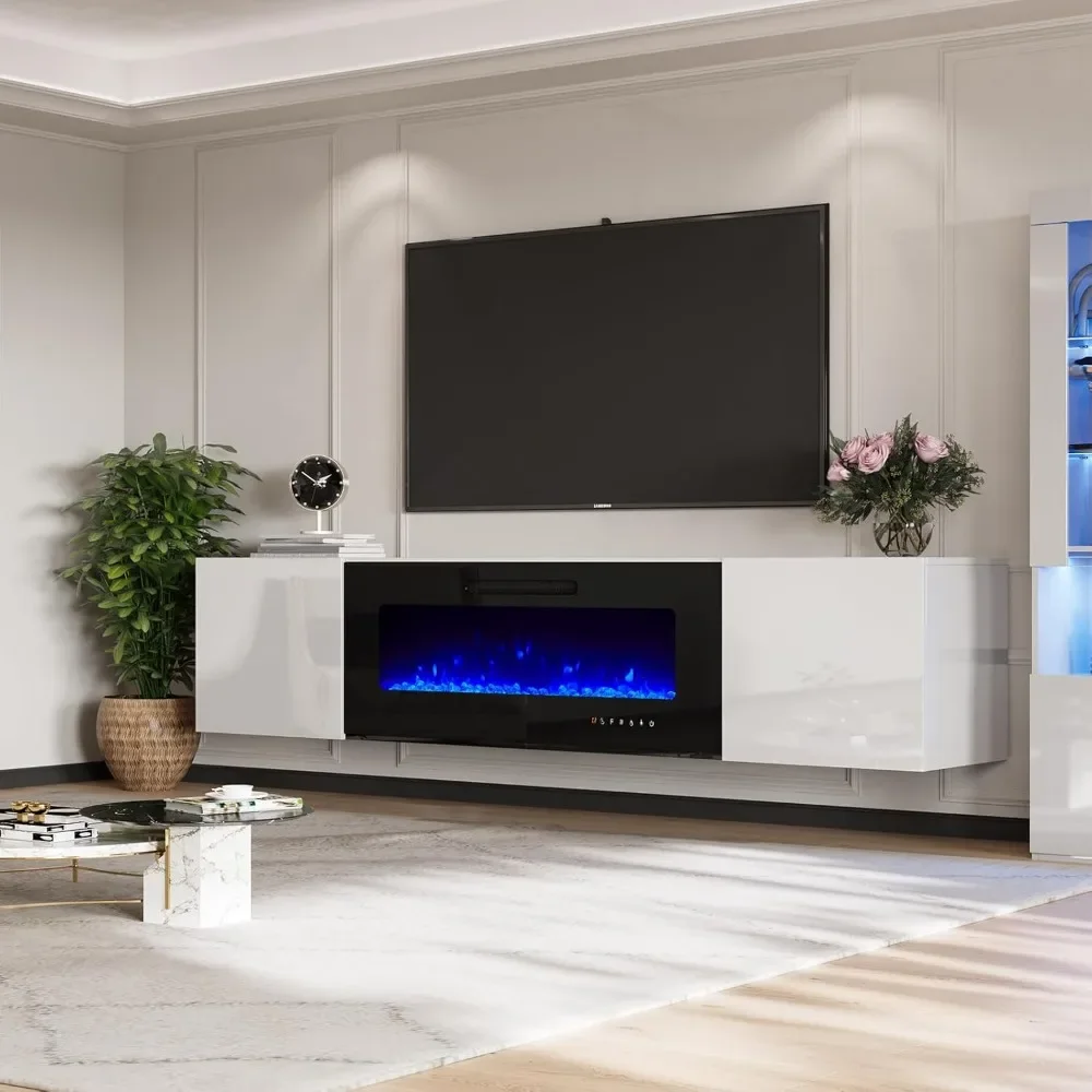 

Floating Fireplace TV Stand, Wall Mounted Mirrored Entertainment Center with 40" Electric Fireplace, Modern LED Lights