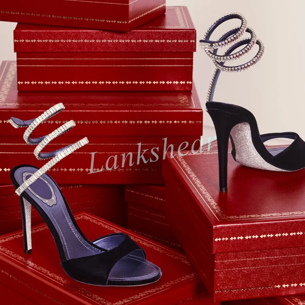 Crystal Spiral Ankle Wrap Stiletto Heel Sandals Purple Suede Open Toe High Heels Women's Elegant Evening Party Shoes 2026 Newest