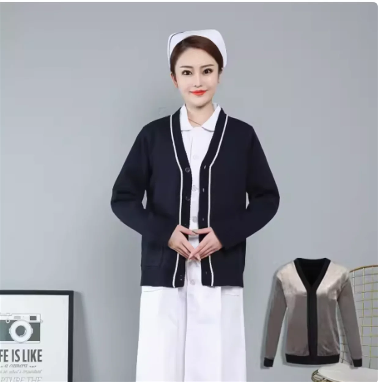 

Nurse's sweater, jacket, cardigan, V-neck knitted sweater, autumn and winter with added velvet and thickened thickness