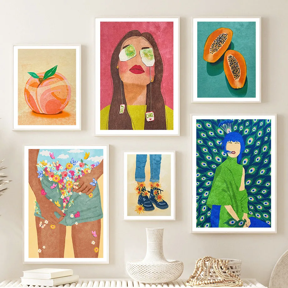 Fashion Girl Flower Cactus Papaya Peach Boho Wall Art Canvas Painting Abstract Poster And Prints Pictures For Living Room Decor