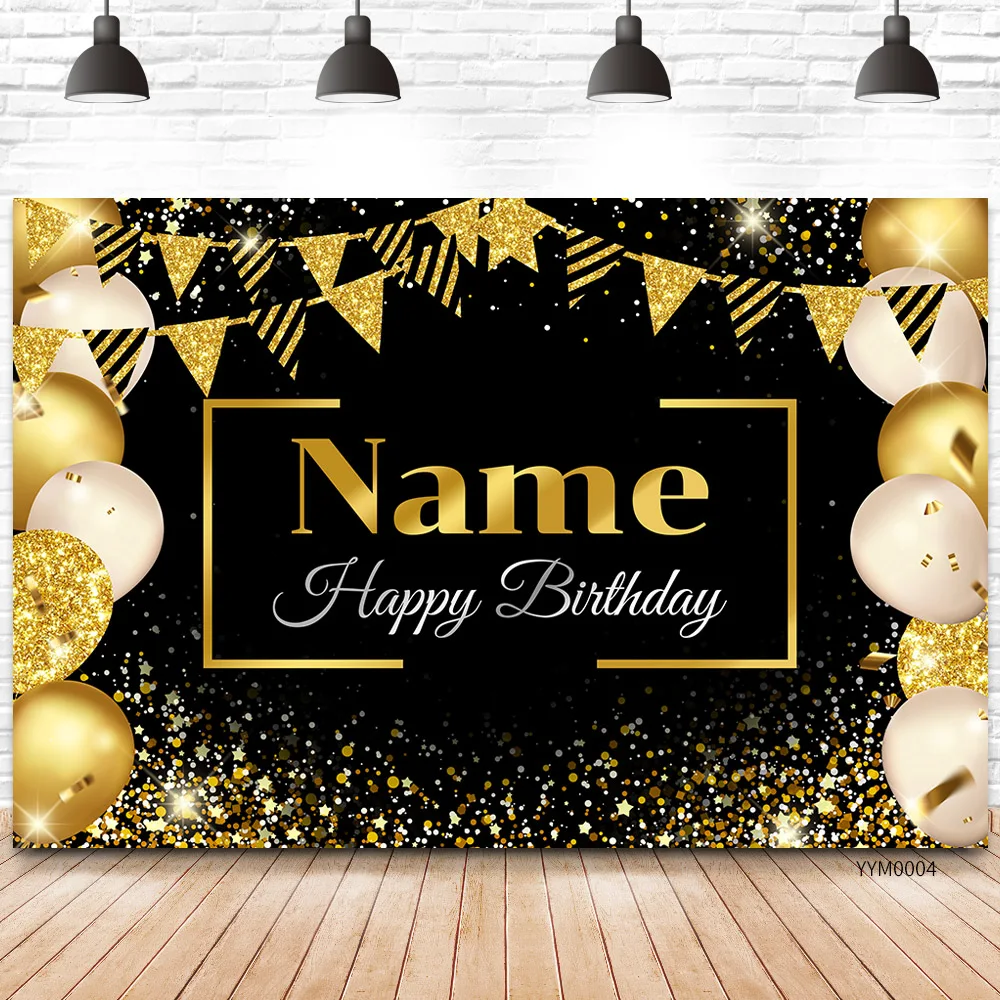 Customize Name Happy Birthday Balloon Backdrop Banner Black and Gold Photography Background for Men Women Wedding Birthday Party