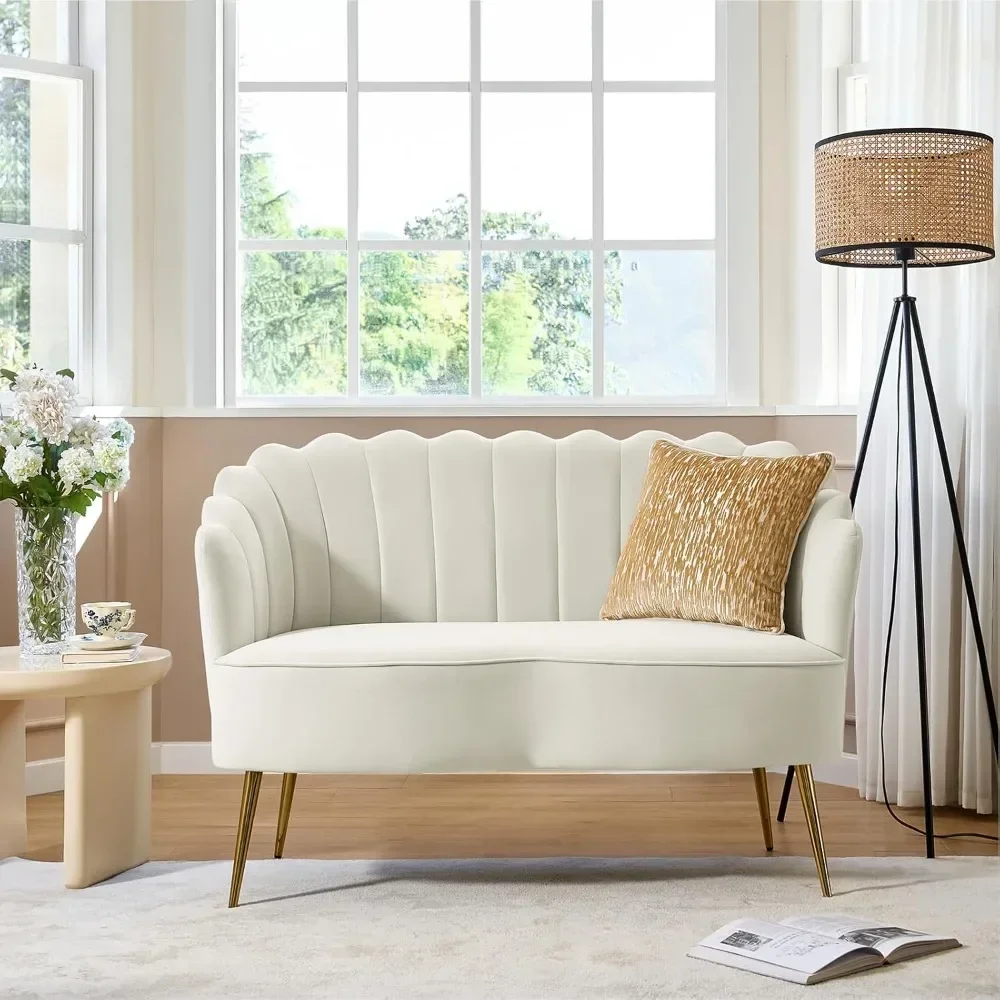 

Modern Velvet Loveseat Sofa with Flower Shaped Back, Comfy Upholstered 2-Seater Sofa with Gold Metal Legs, Small Lov