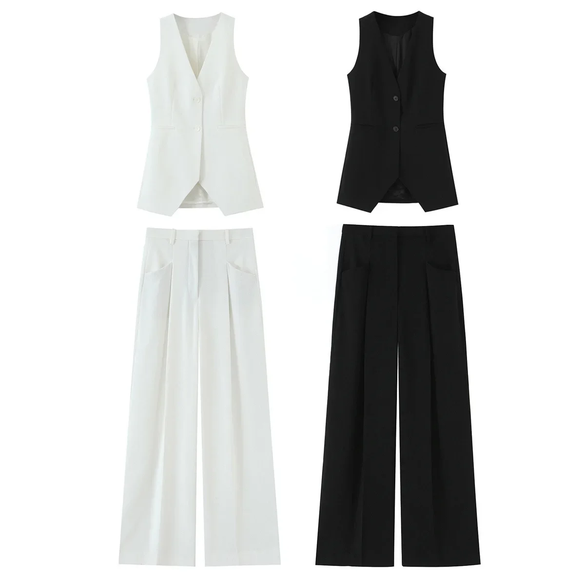 

Autumn Two Piece Set Waistcoat Coats+Straight Leg Pant High Waist Long Pant Women Short Fashion V-neck Sleeveless Casual Blazer