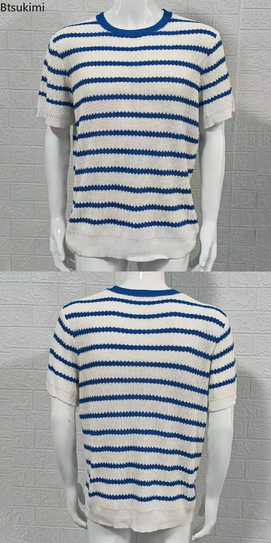 Holiday Style Men's Knitted Striped T-shirts Fashion Loose Casual Short-sleeved O-neck Pullover Tops Men Vintage Colorblock Tees