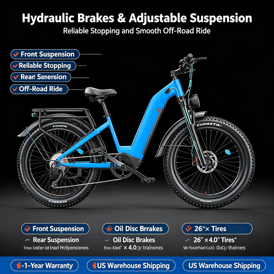 COASTA CT2 26 Inch Dual‑Drive Snow Fat Tire Electric Bike for Adult 155‑190cm Rider,6000W Motor,52V 25Ah Battery,65KM Max Range,Hydraulic Oil Brake,Shimano 7‑Speed,Adjustable Front Fork,IP54 Waterproof,Max Load 180KG,APP&LED Display,UN38.3 UL Certified image 7