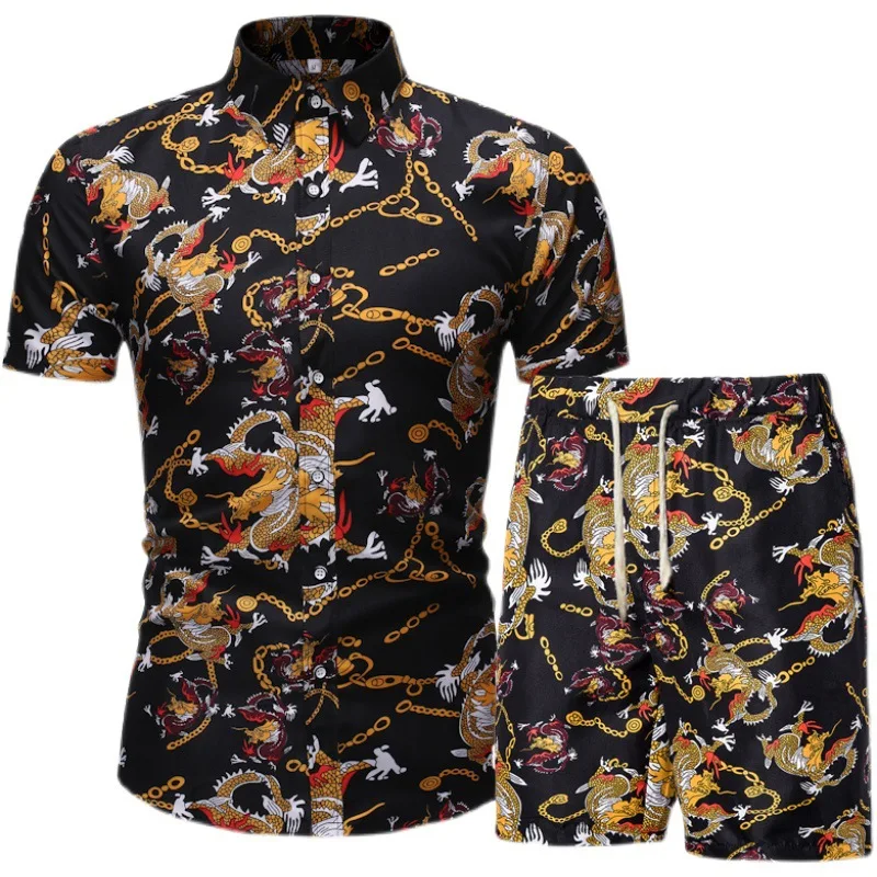 Men's short sleeved shirt set, men's summer thin printed shirt shorts fashion trend two-piece set