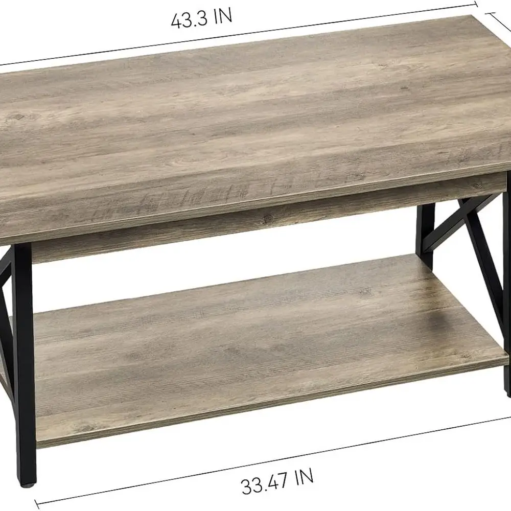 طاولة قهوة كبيرة 43 حديثة للمزرعة مع مساحة تخزين، لمسة نهائية رمادية اللون، تصميم إطار X لغرفة المعيشة #3