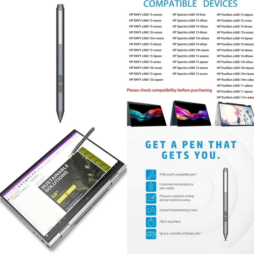 

Стилус MPP Protocol для ноутбуков-трансформеров HP Envy X360, Pavilion X360, Spectre X360 2-в-1, планшетов и сенсорных экранов, цифровая ручка с функцией определения прикосновения ладони