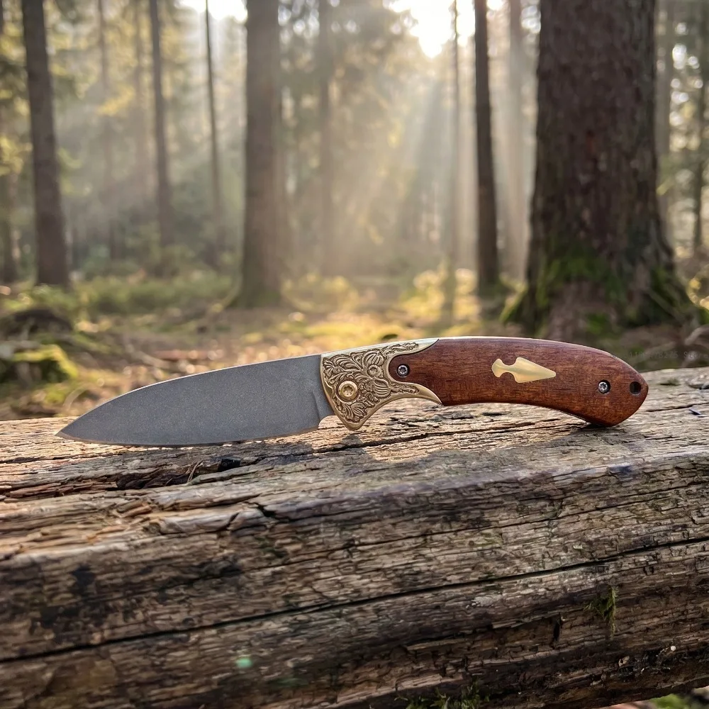 Portable Daily Carry Folding Knife 8Cr13Mov Blade Ergonomic Brass Inlaid Sandalwood Handle Multipurpose Cutter Outdoor Camping