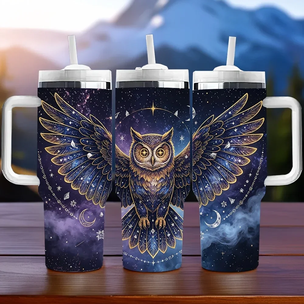 40Oz Insulated Tumbler with Handle, Starry Sky Owl Printed Design, Keeps Drinks Temperature Long Term, Ideal As Holiday And Birthday Gift, Suitable for Daily Use Outdoor Travel And Indoor Activities