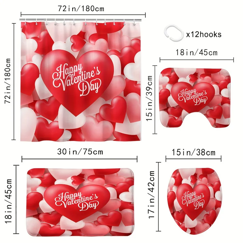 4pcs Love Heart Printed Shower Curtain Set, Waterproof Bathroom Partition Curtain With 12 Hooks, Non-Slip Bath Rug, Toilet U-Sha