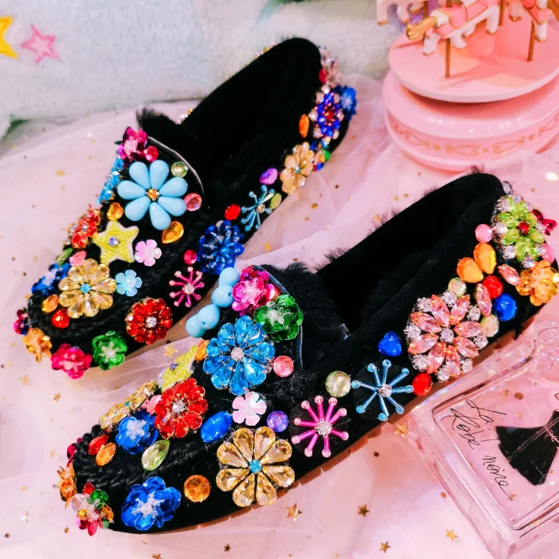 Womens Rhinestones Crystal Rainbow Colors Loafers Fur Furry Flats 3D Flowers Slip On Warm Winter Snow Shoes Luxury DIY