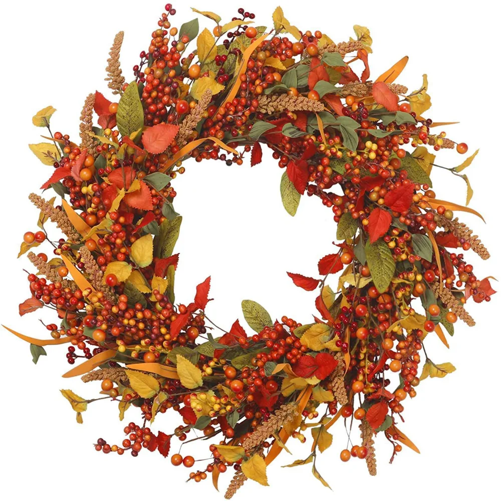 Farmhouse Fall Wreath For Thanksgiving Harvest Season Front Door Decor With Berry Vine Circle Flower Eucalyptus Leaves Hanging