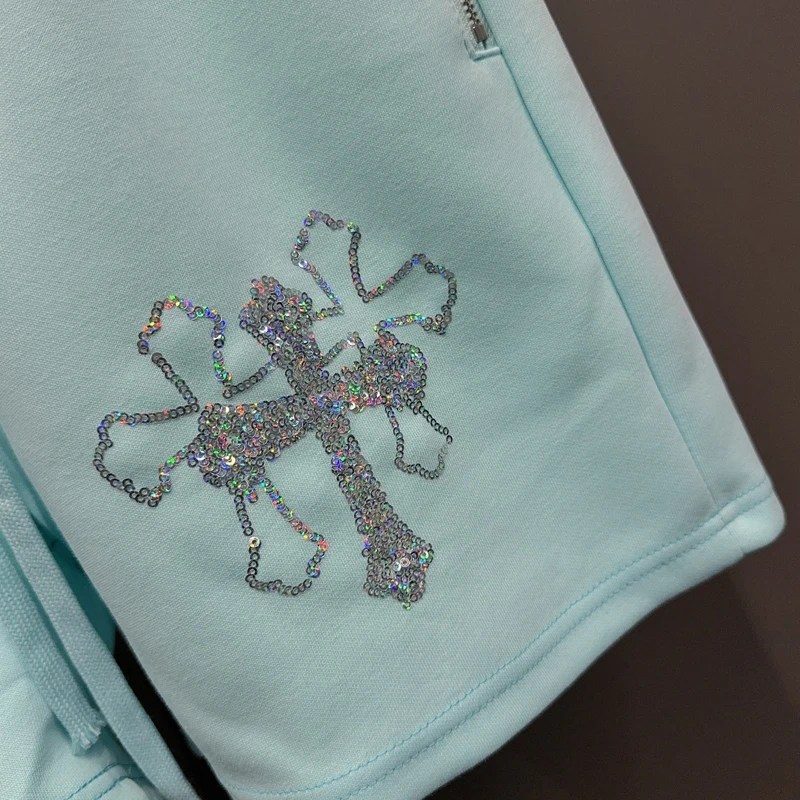 Bead Cross Sanskrit Patch Embroidery Loose Shorts Men Women Black Blue Drawstring Sports Baggy Shortpants