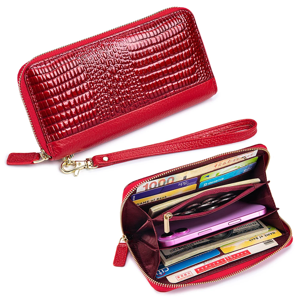 

New Women's Genuine Leather Long Wallet Fashion Crocodile Print Phone Bag Patent Leather Simple Clutch Bag with Large Capacity