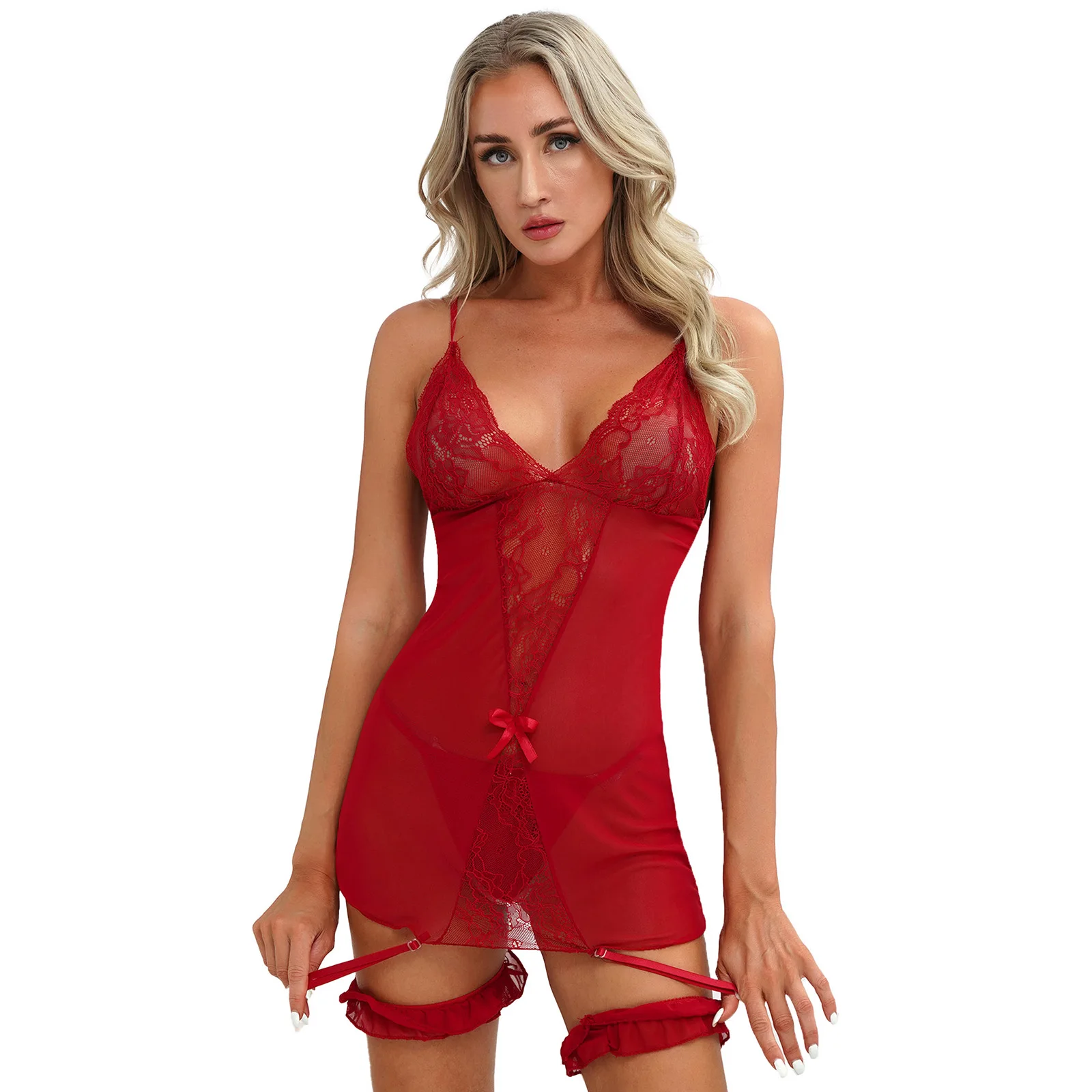 Conjunto de lencería de encaje transparente para mujer, minivestido Bodycon de peluche con cuello en V, camisola de tirantes con Tanga y anillo para la pierna, atuendo de pijama Sexy