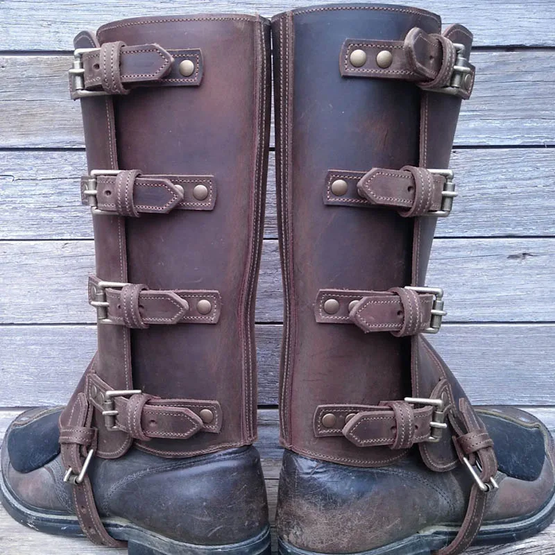 Protector de pierna de cuero de caballero vikingo Medieval para hombres y mujeres, armadura de botas de Greaves Steampunk, cubierta de zapatos, disfraz de Cosplay de Guerrero LARP, polaina