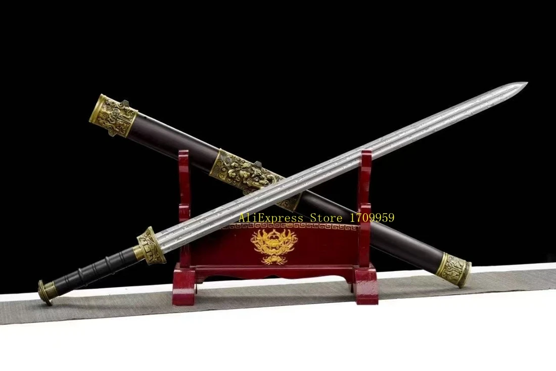 Functional Sword Chinese Folded High Carbon Damascus Steel Full Tang Handmade Blade Double Groove Battle Jian view 2