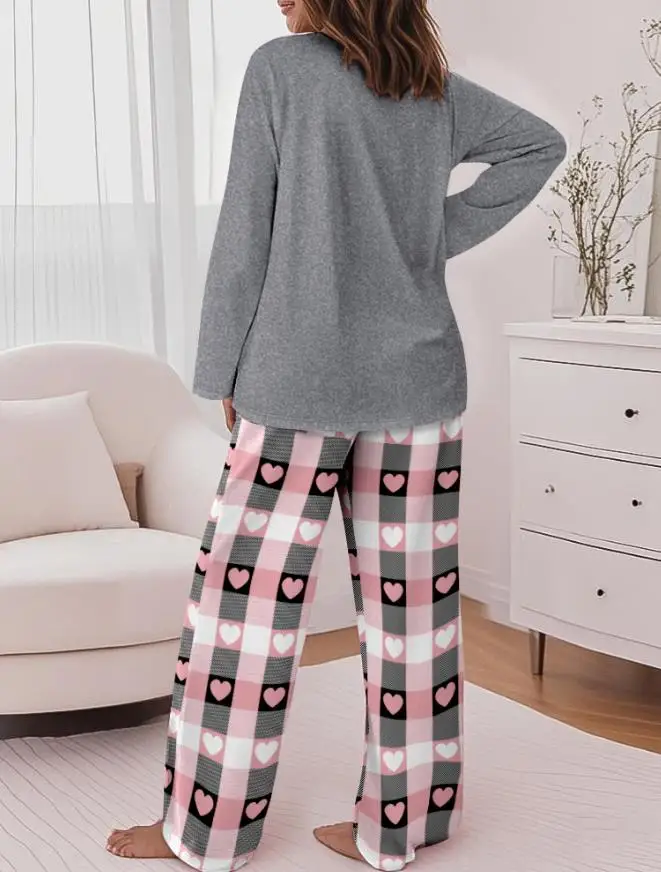 Tenue 2 pièces pour femmes, haut à manches longues et imprimé lettres et cœurs, ensembles décontractés à carreaux avec poche, automne/hiver 2025, 2025